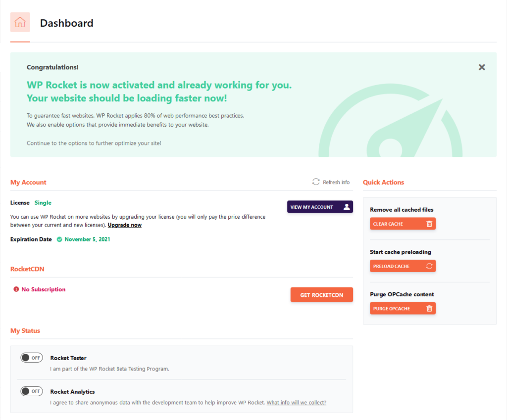 WP Rocket: Boost WordPress Speed (Full Review), Dashboard