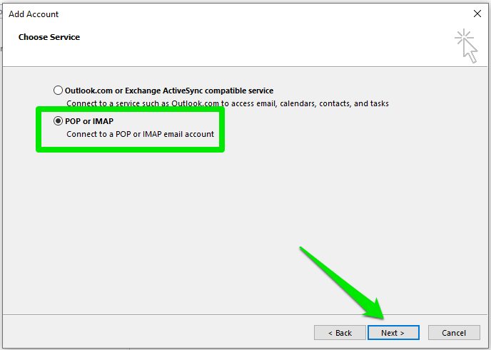 Add Email to Outlook 2016 Manually, Step 2: Decide Between IMAP and POP