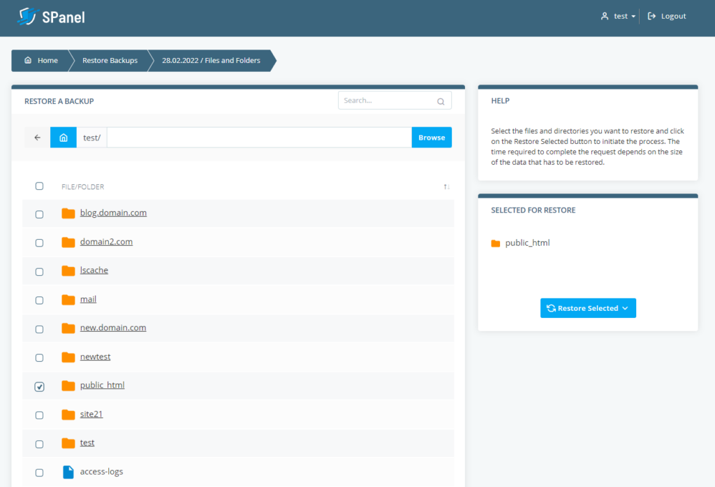 How to Restore Files with SPanel, Restoring files in SPanel 3