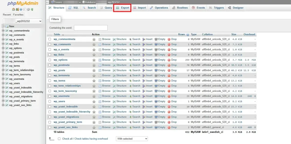 Website Migration Without Downtime: Full Checklist, 2. Via phpMyAdmin/pgpMyAdmin