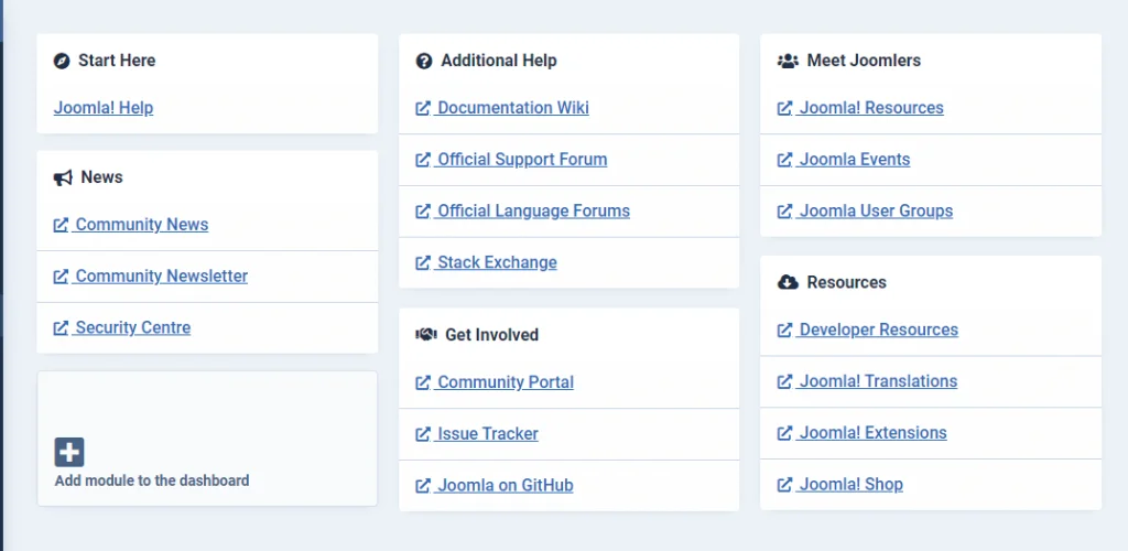 Introduction to the Joomla Dashboard, Help