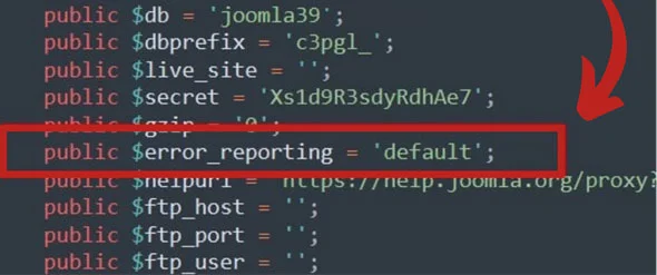 How to Enable Joomla PHP Error Reporting, Option 2: Joomla’s configuration.php file 3