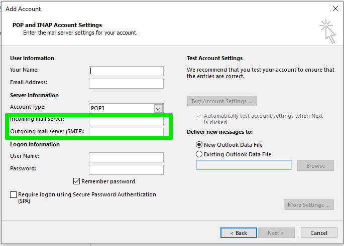 Add Email to Outlook 2016 Manually, Step 3: Configure Your Account Settings 3