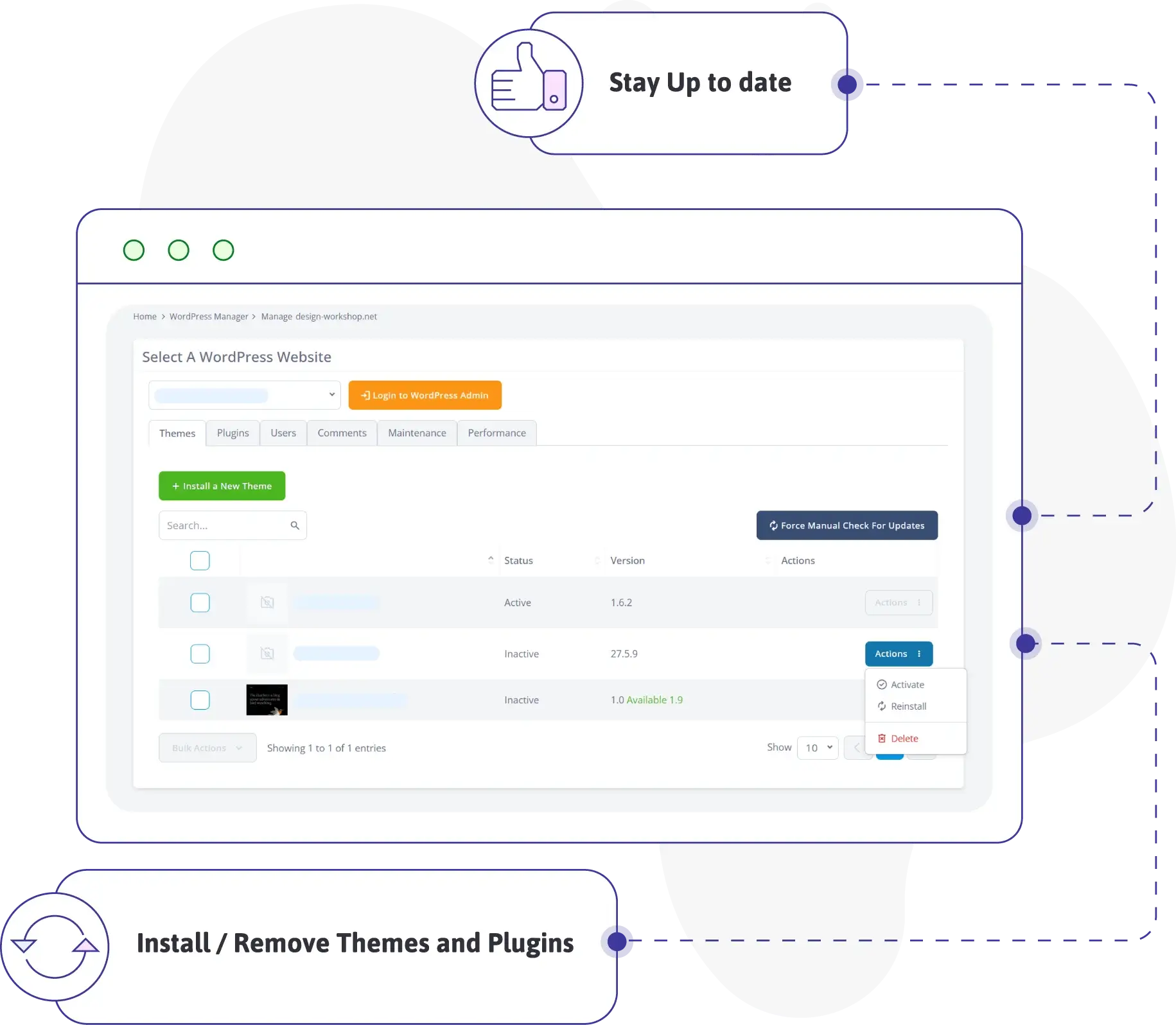 Manage themes and plugins in wordpress manager