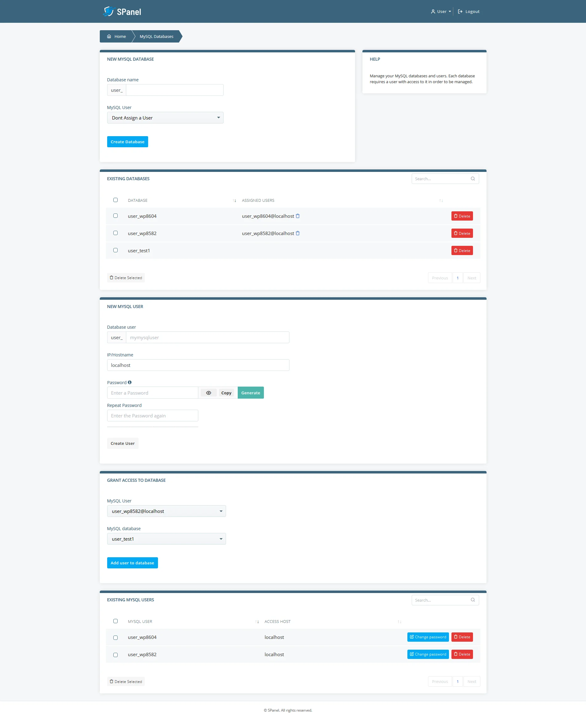 Getting Started with SPanel, Managing databases with SPanel
