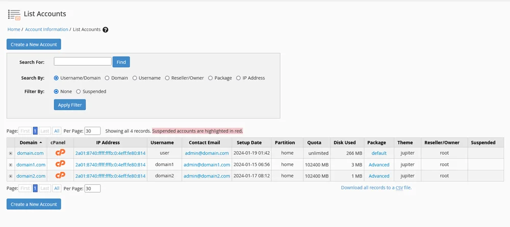 What is WHM (Web Host Manager)?, Managing cPanel accounts