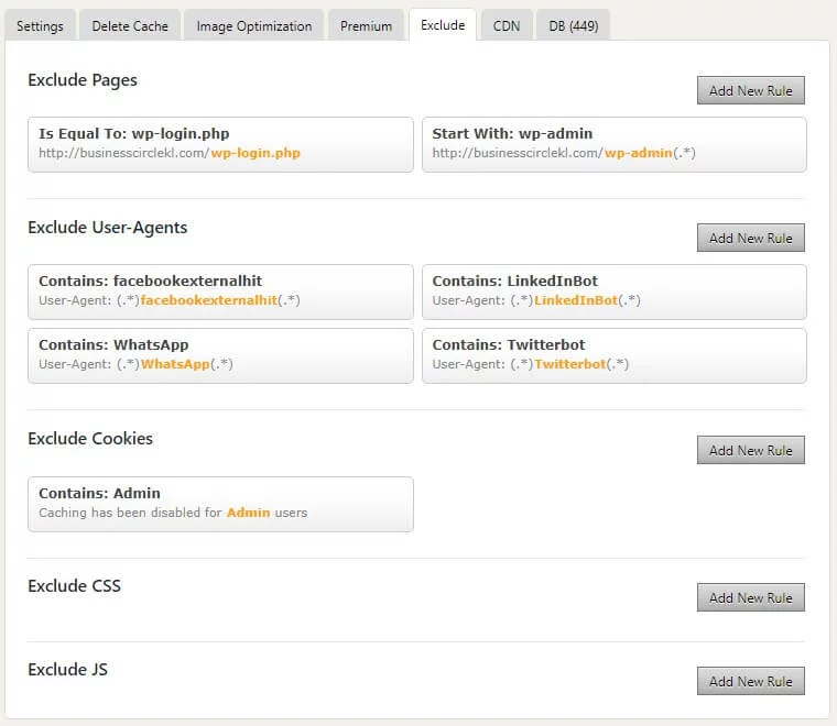 WP Fastest Cache, Exclude
